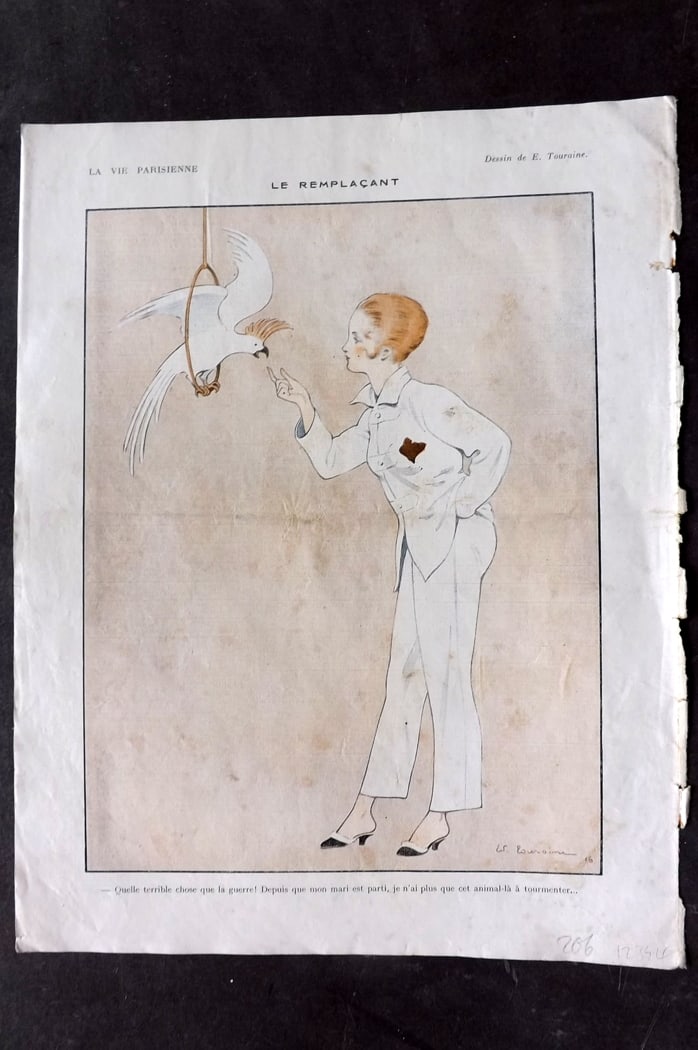 La Vie Parisienne 1916 Art Deco Print. Le Remplacant by Touraine: Lithograph Published 1916, Paris for "La Vie Parisienne" Illustrated by Lissac, Barbier, Vallet, Valee, Prejelan, Herouard, Fournier, Kuhn-Regnier, Georges L?onnec and others. Verso text, but none sho