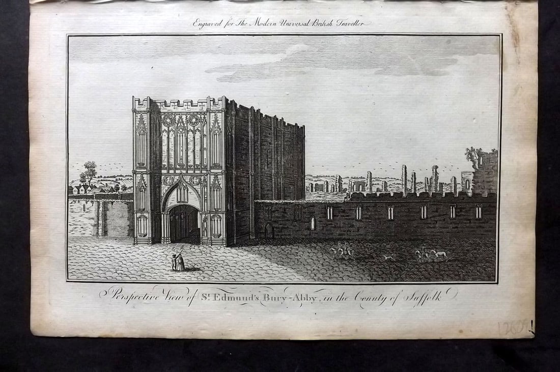 Burlington, Charles 1779 Folio Print. Burry St. Edmund's Abbey, Suffolk: Folio Copper Plate Published 1779 by J. Cooke, London for "The Modern Universal British Traveller or, a New, Complete, and Accurate tour Through England, Wales, Scotland, and the Neighbouring Islands"