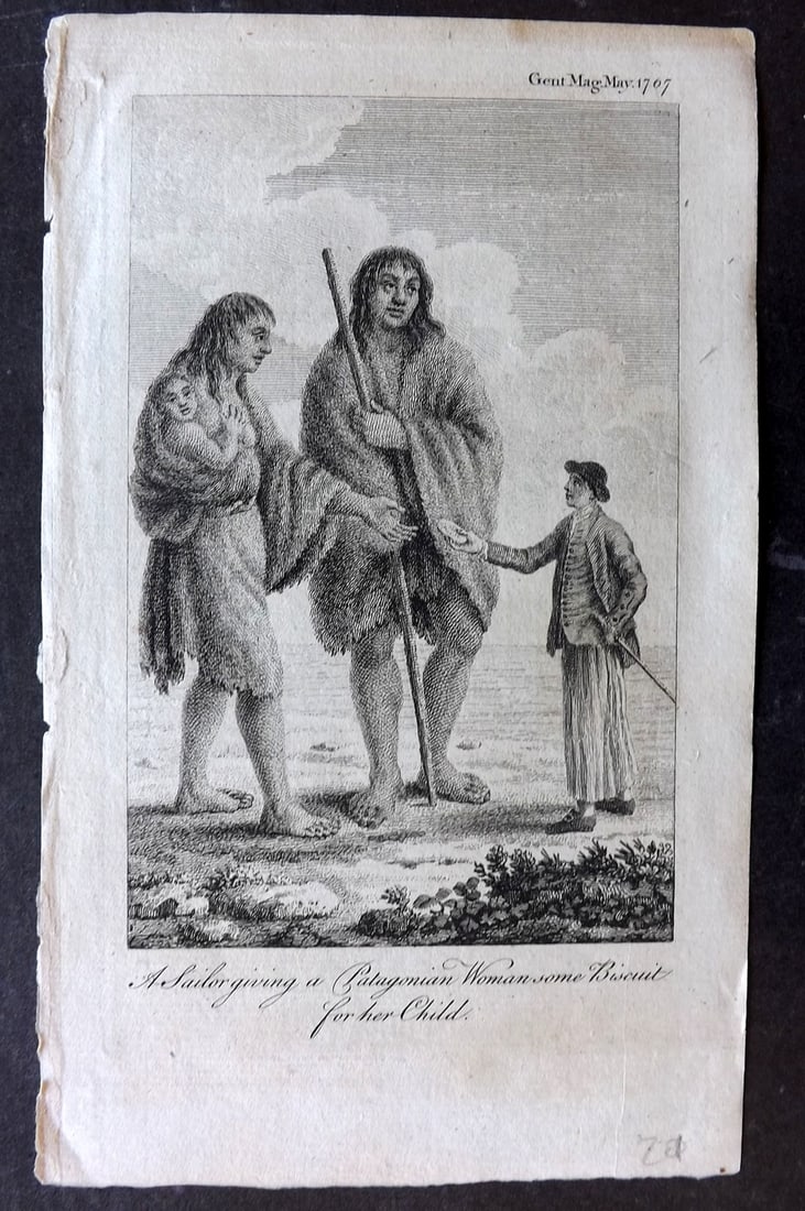 Gentleman's Mag 1767 Print. Patagonian Giants. Argentina Chile: "A Sailor giving a Patagonian some biscuit for her child" Copper Plate Published London 1731-1833, London for "The Gentleman's Magazine..." by Various Contributors. Paper Size: 8 x 5 inch (21 x 14cm) 