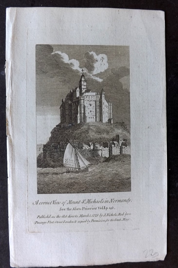 Gentleman's Mag 1779 Print. Mount St. Michael's, Normandy, France: Copper Plate Published London 1731-1833, London for "The Gentleman's Magazine..." by Various Contributors. Paper Size: 8 x 5 inch (21 x 14cm) Good Condition
