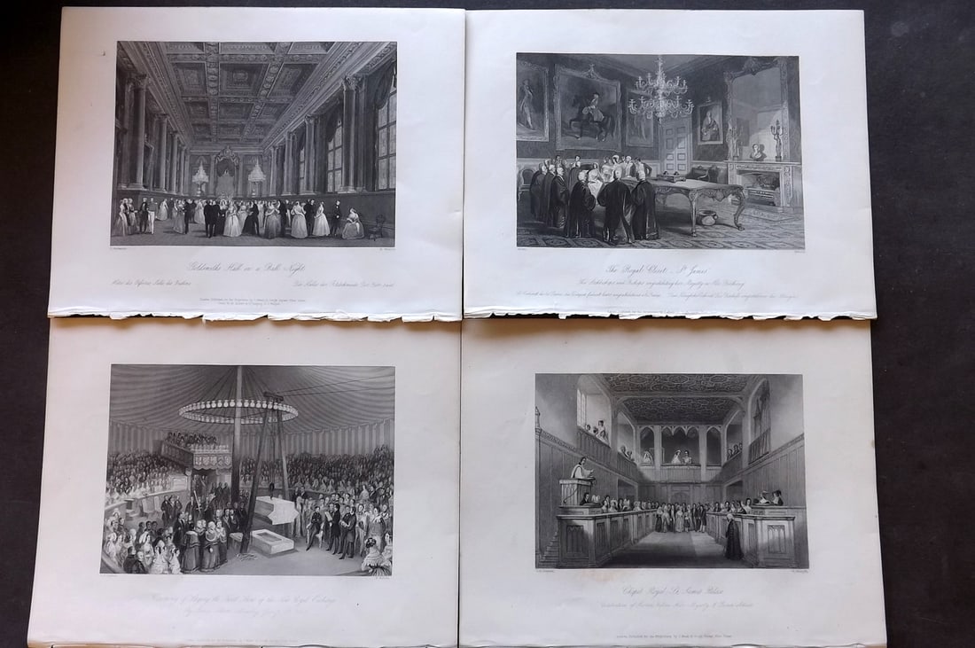 London Interiors 1844 Lot of 4 Steel Engravings: Steel Engravings Published 1841-4 by Joseph Mead, London for "London Interiors" Paper Size: 10.5 x 8 inch (27 x 21cm) Good Condition