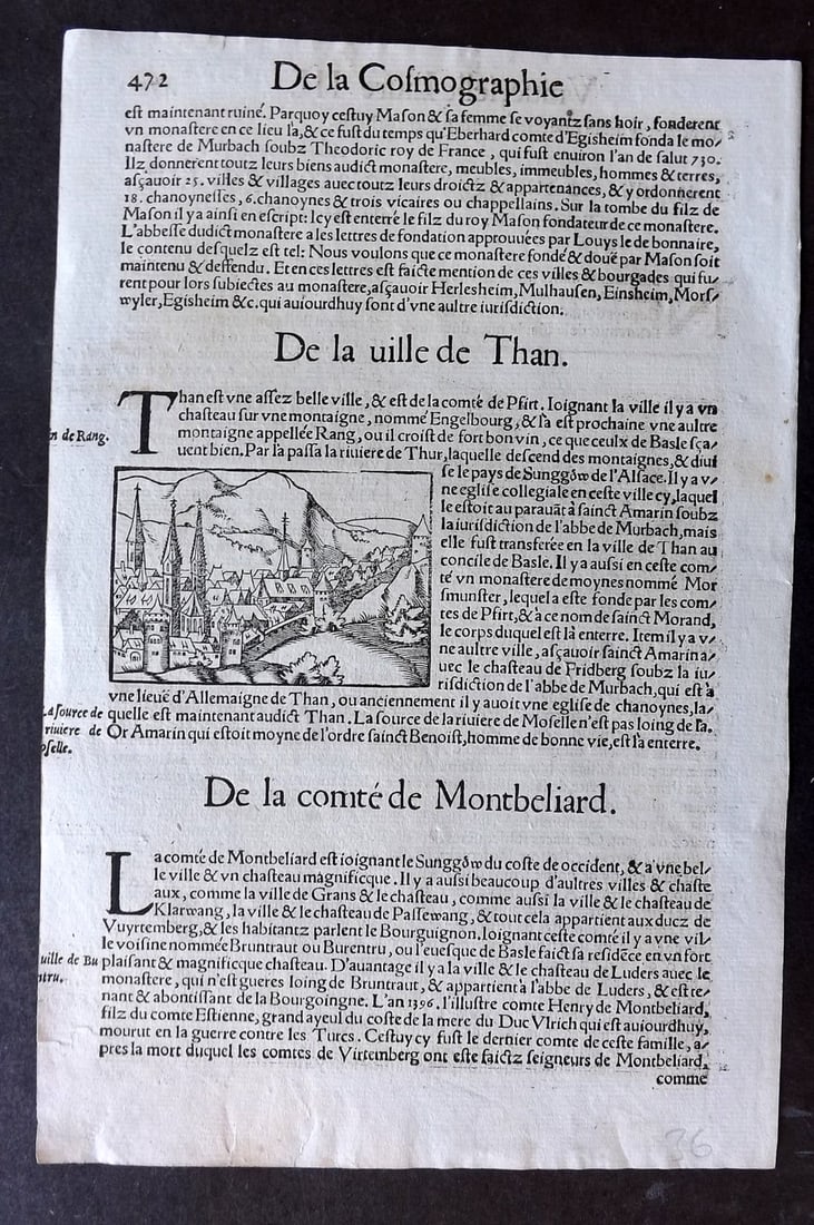 Munster, Sebastian 1552 Early Woodcut View. Thun, Switzerland: Woodcut Published 1552, Basel for the "Cosmographia" by Sebastian Munster. Printed both sides. Paper Size: 11 x 7 inch (28 x 18cm) Good Condition