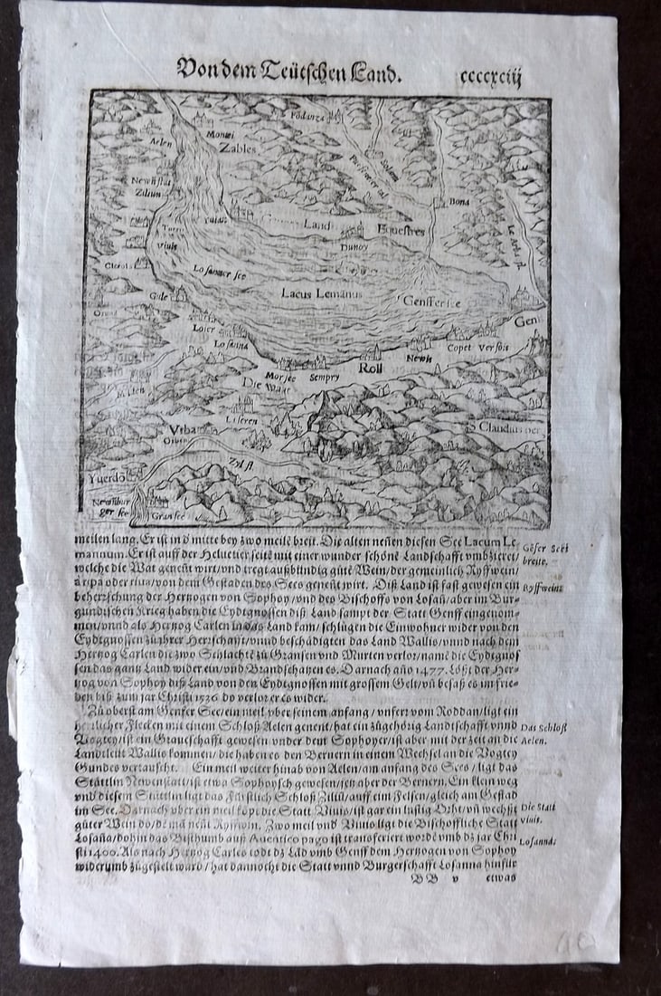 Munster, Sebastian 1578 Early Woodcut Map. Switzerland - Lake Geneva (1 of 1)