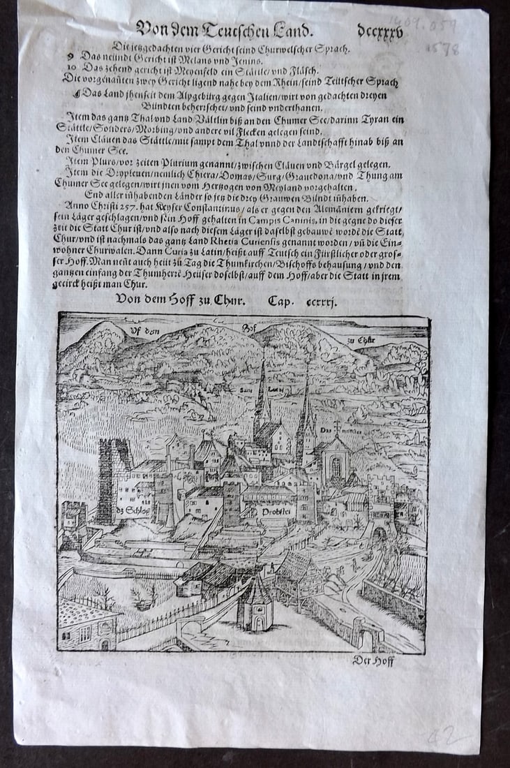 Munster, Sebastian 1578 Early Woodcut View. Chur, Switzerland: Woodcut Published 1578, Basel for the "Cosmographia" by Sebastian Munster. Printed both sides. Paper Size: 12 x 8 inch (30 x 20cm) Good Condition