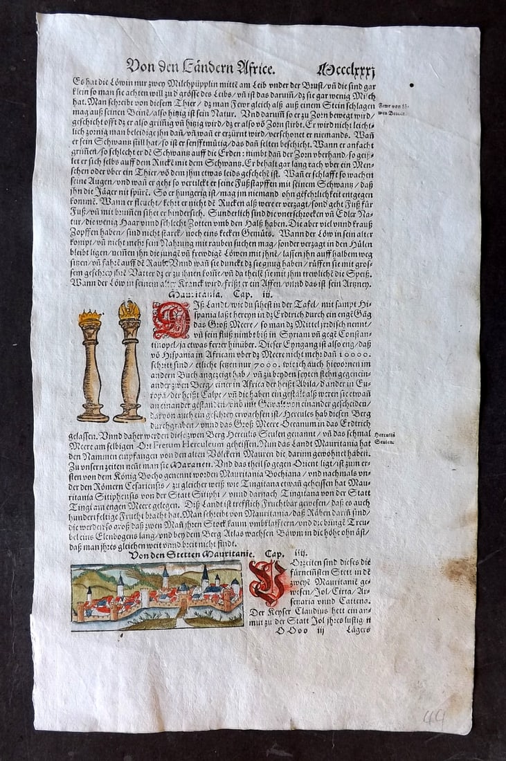 Munster, Sebastian 1588 Early Hand Col Woodcut View. Mauritania, North Africa: Contemporary Hand Colored Woodcut Published 1588, Basel for the "Cosmographia" by Sebastian Munster. Printed both sides. Paper Size: 12 x 8 inch (30 x 20cm) Good Condition