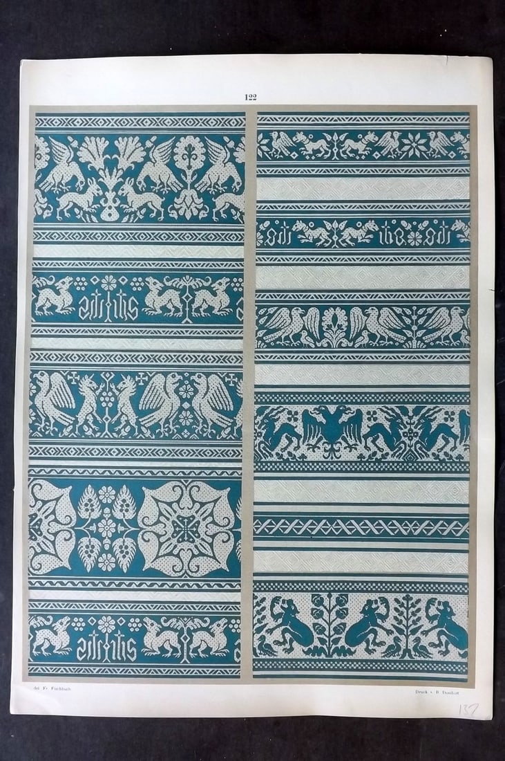 Fischbach, Frederick 1884 Folio Textile Print 122: Folio Chromolithograph Published 1882-84, London for "Ornament of Textile Fabrics" by Frederick Fischbach. Scarce. Paper Size: 17 x 12 inch (43 x 30cm) Good Condition