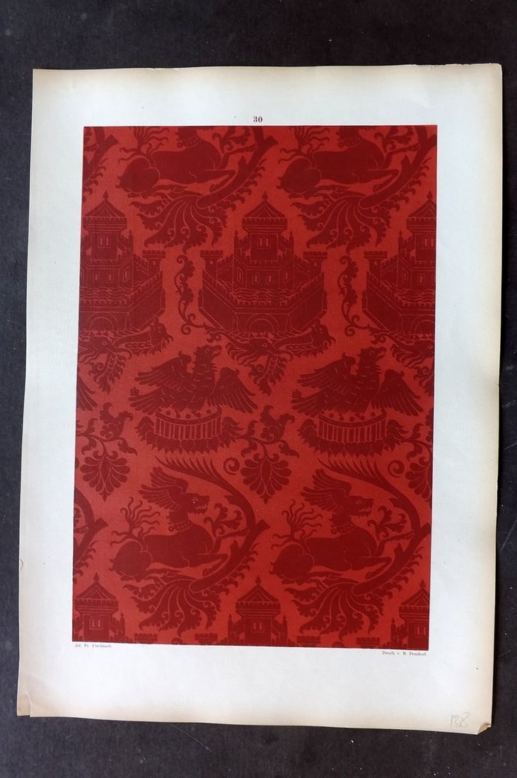 Fischbach, Frederick 1884 Folio Textile Print 30: Folio Chromolithograph Published 1882-84, London for "Ornament of Textile Fabrics" by Frederick Fischbach. Scarce. Paper Size: 17 x 12 inch (43 x 30cm) Good Condition