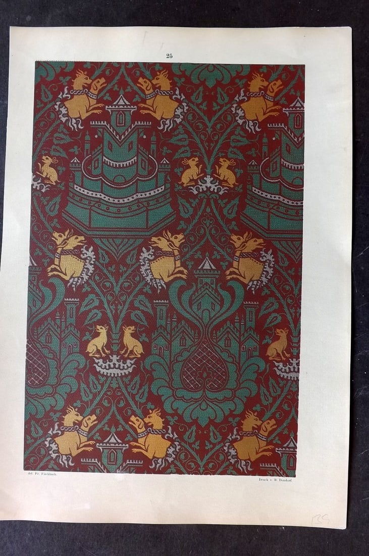 Fischbach, Frederick 1884 Folio Textile Print 25: Folio Chromolithograph Published 1882-84, London for "Ornament of Textile Fabrics" by Frederick Fischbach. Scarce. Paper Size: 17 x 12 inch (43 x 30cm) Good Condition