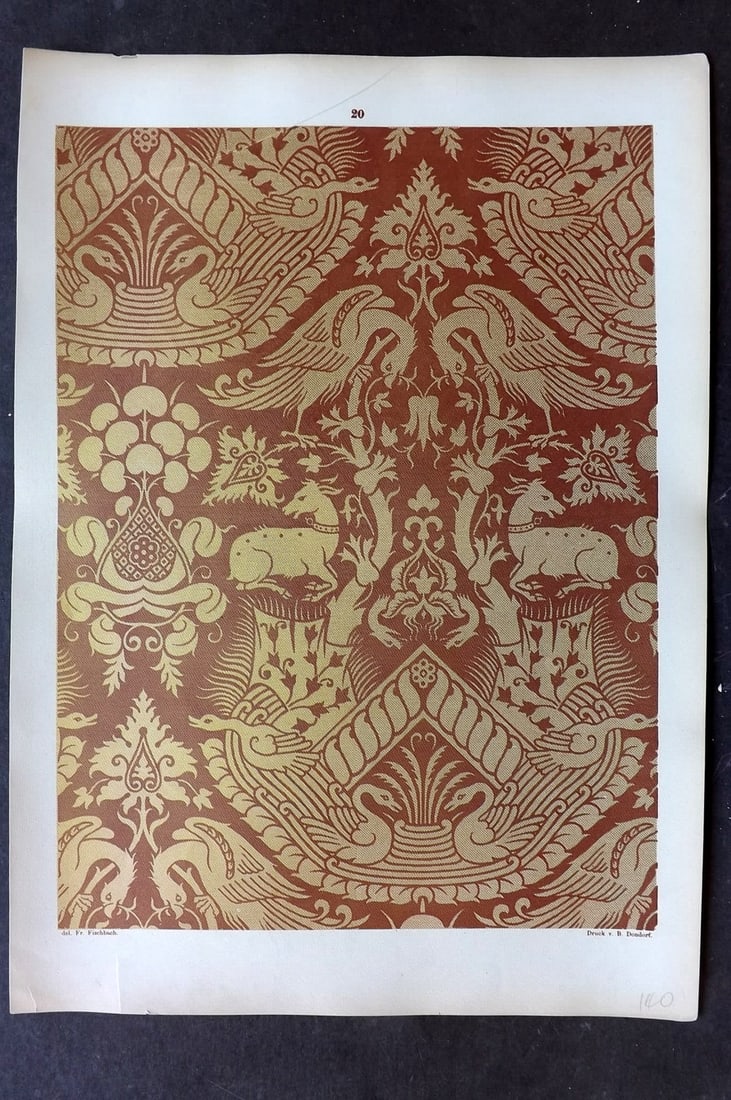 Fischbach, Frederick 1884 Folio Textile Print 20: Folio Chromolithograph Published 1882-84, London for "Ornament of Textile Fabrics" by Frederick Fischbach. Scarce. Paper Size: 17 x 12 inch (43 x 30cm) Good Condition