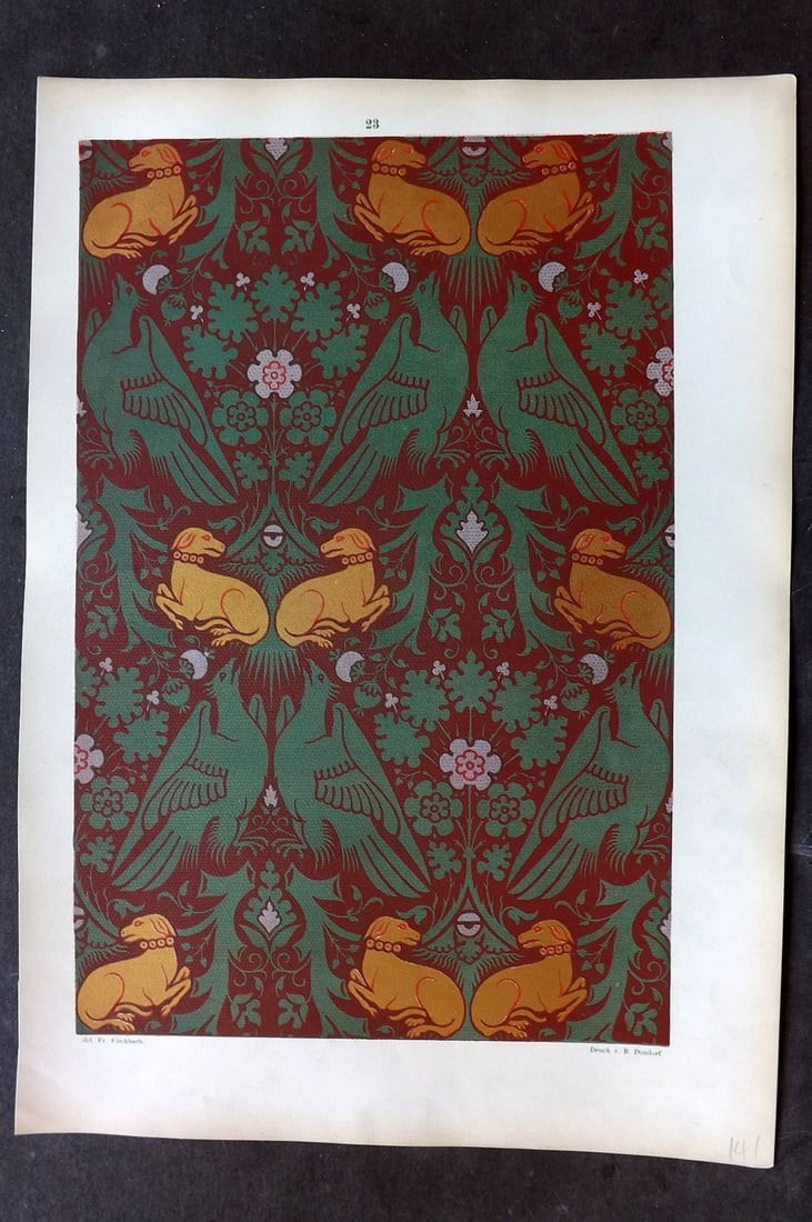 Fischbach, Frederick 1884 Folio Textile Print 23: Folio Chromolithograph Published 1882-84, London for "Ornament of Textile Fabrics" by Frederick Fischbach. Scarce. Paper Size: 17 x 12 inch (43 x 30cm) Good Condition