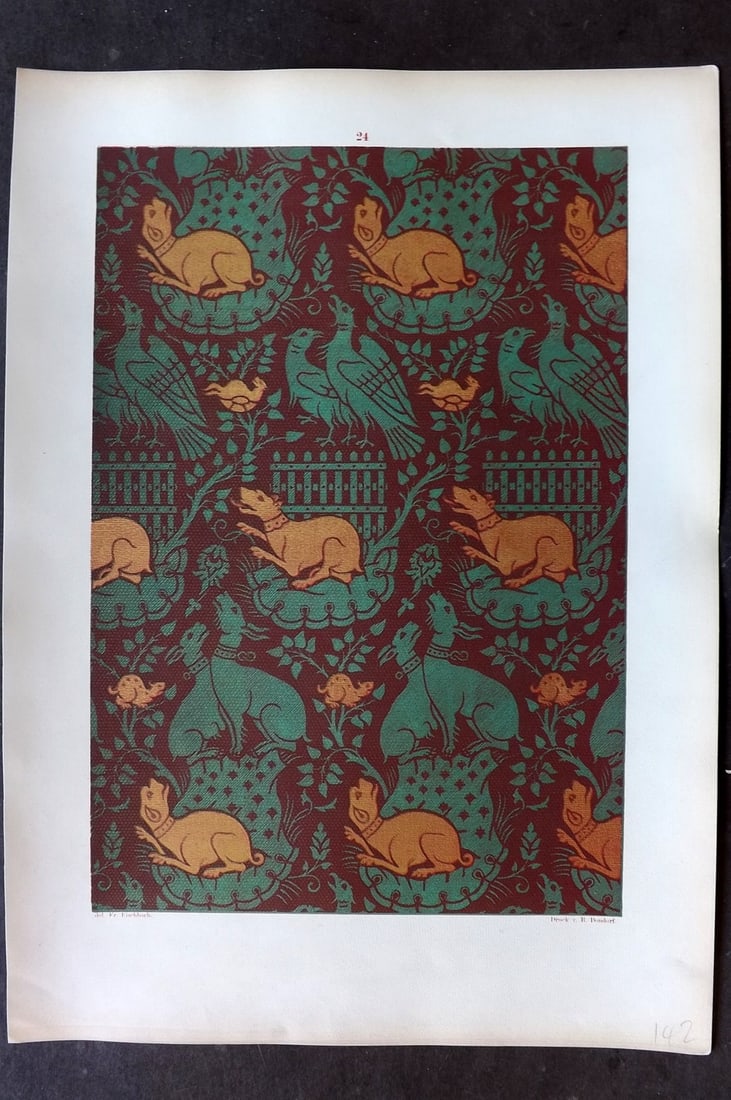 Fischbach, Frederick 1884 Folio Textile Print 24: Folio Chromolithograph Published 1882-84, London for "Ornament of Textile Fabrics" by Frederick Fischbach. Scarce. Paper Size: 17 x 12 inch (43 x 30cm) Good Condition