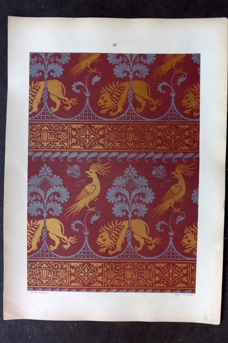 Fischbach, Frederick 1884 Folio Textile Print 29: Folio Chromolithograph Published 1882-84, London for "Ornament of Textile Fabrics" by Frederick Fischbach. Scarce. Paper Size: 17 x 12 inch (43 x 30cm) Good Condition