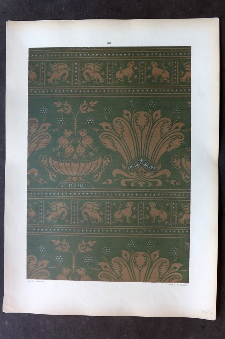 Fischbach, Frederick 1884 Folio Textile Print 33: Folio Chromolithograph Published 1882-84, London for "Ornament of Textile Fabrics" by Frederick Fischbach. Scarce. Paper Size: 17 x 12 inch (43 x 30cm) Good Condition