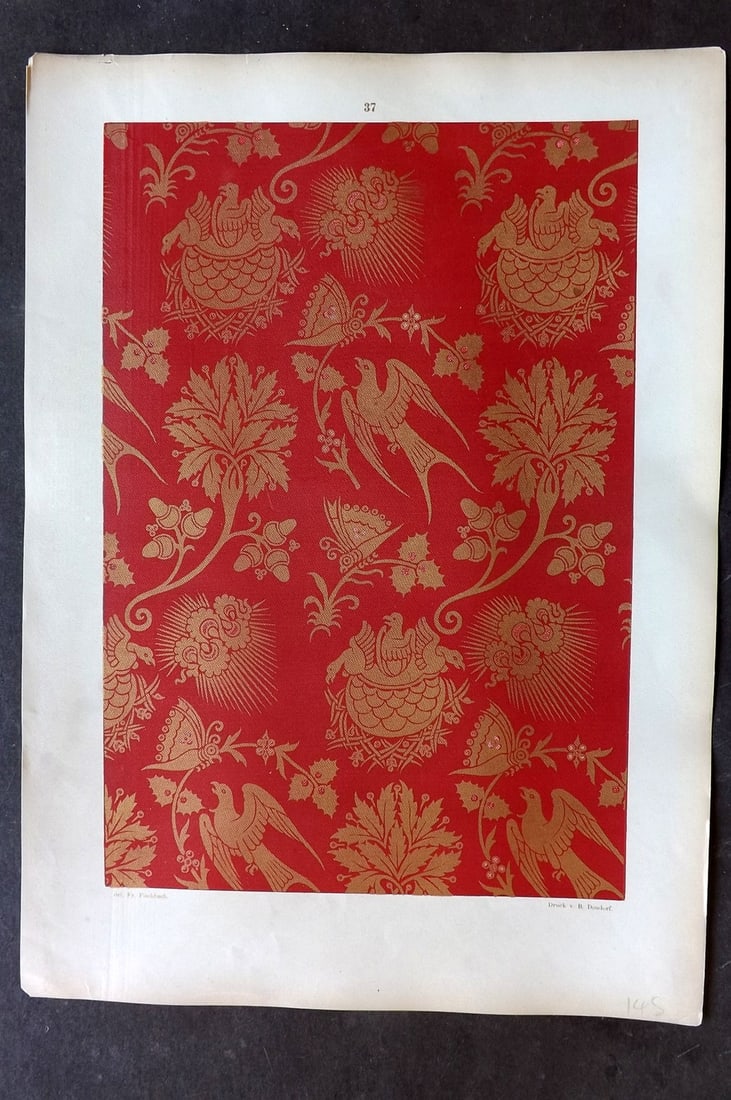 Fischbach, Frederick 1884 Folio Textile Print 37: Folio Chromolithograph Published 1882-84, London for "Ornament of Textile Fabrics" by Frederick Fischbach. Scarce. Paper Size: 17 x 12 inch (43 x 30cm) Good Condition