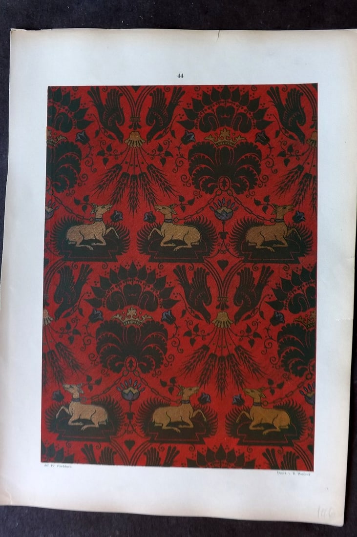 Fischbach, Frederick 1884 Folio Textile Print 44: Folio Chromolithograph Published 1882-84, London for "Ornament of Textile Fabrics" by Frederick Fischbach. Scarce. Paper Size: 17 x 12 inch (43 x 30cm) Good Condition