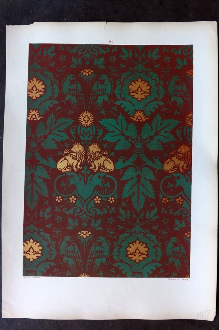 Fischbach, Frederick 1884 Folio Textile Print 51: Folio Chromolithograph Published 1882-84, London for "Ornament of Textile Fabrics" by Frederick Fischbach. Scarce. Paper Size: 17 x 12 inch (43 x 30cm) Good Condition