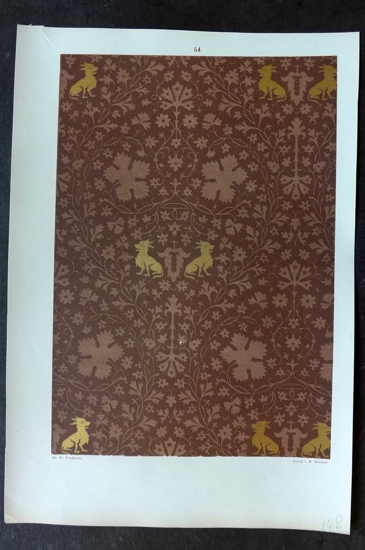Fischbach, Frederick 1884 Folio Textile Print 54: Folio Chromolithograph Published 1882-84, London for "Ornament of Textile Fabrics" by Frederick Fischbach. Scarce. Paper Size: 17 x 12 inch (43 x 30cm) Good Condition