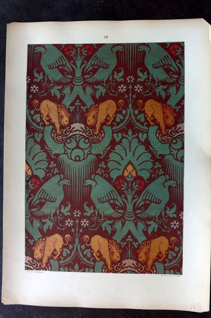 Fischbach, Frederick 1884 Folio Textile Print 59: Folio Chromolithograph Published 1882-84, London for "Ornament of Textile Fabrics" by Frederick Fischbach. Scarce. Paper Size: 17 x 12 inch (43 x 30cm) Good Condition