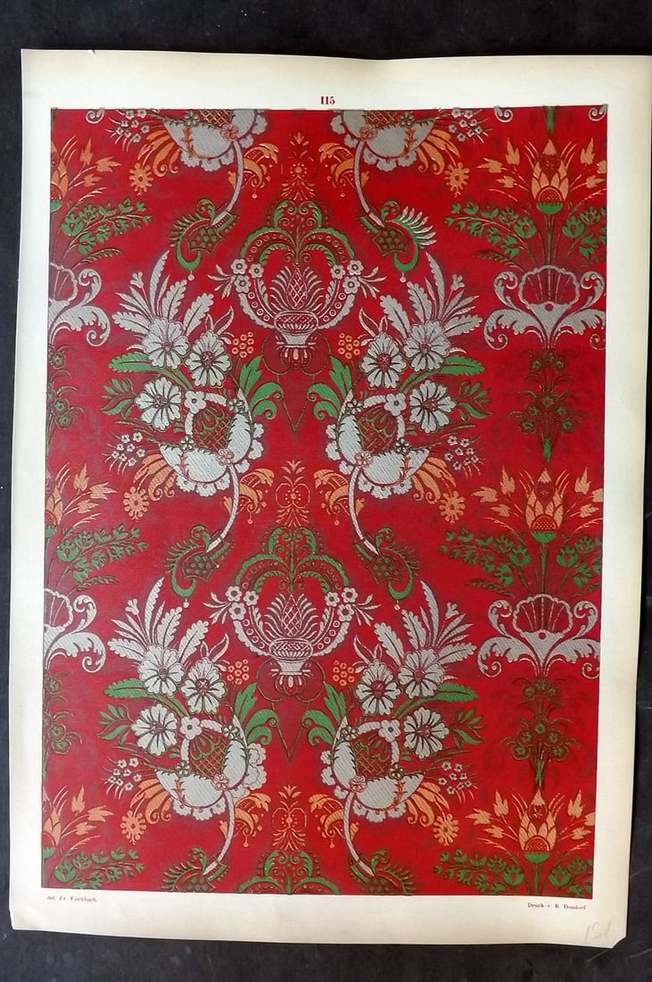 Fischbach, Frederick 1884 Folio Textile Print 115: Folio Chromolithograph Published 1882-84, London for "Ornament of Textile Fabrics" by Frederick Fischbach. Scarce. Paper Size: 17 x 12 inch (43 x 30cm) Good Condition