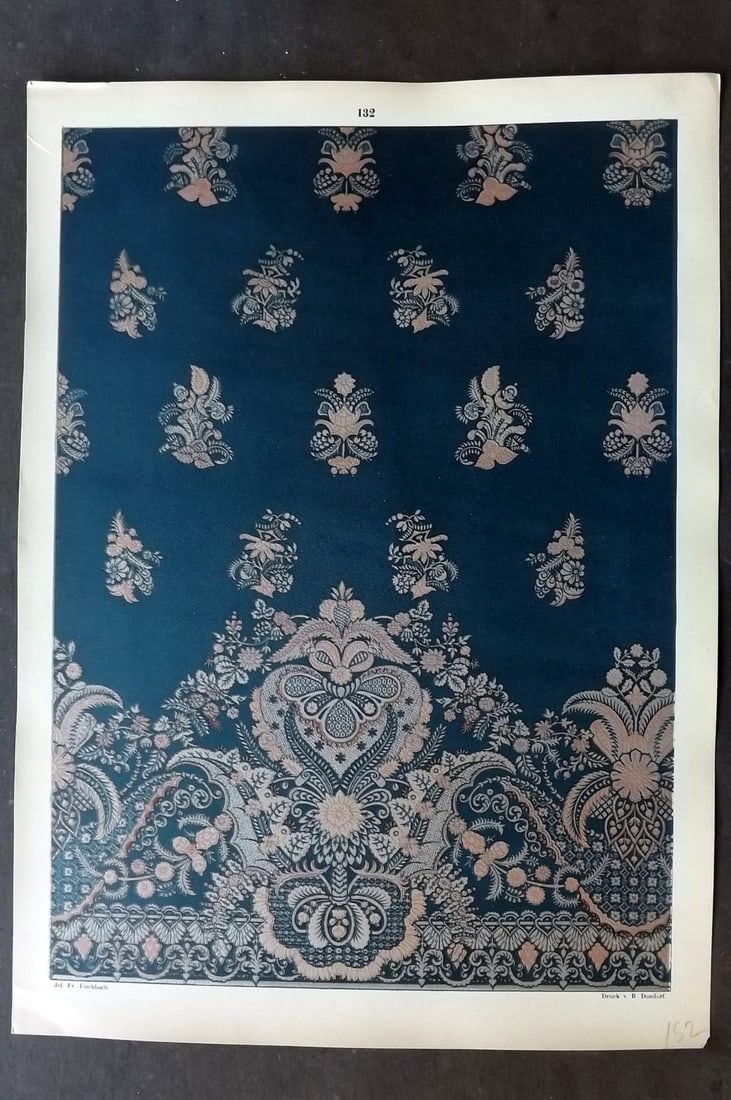 Fischbach, Frederick 1884 Folio Textile Print 132: Folio Chromolithograph Published 1882-84, London for "Ornament of Textile Fabrics" by Frederick Fischbach. Scarce. Paper Size: 17 x 12 inch (43 x 30cm) Good Condition
