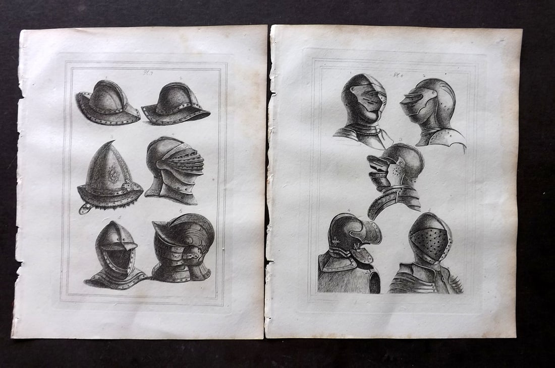 Grose, Francis 1801 Pair of Military Prints. Ancient Armour: Antique Copper Plate Published 1801, London for "Military Antiquities Respecting a History of the English Army from the Conquest to the Present Time" by Francis Grose. Paper Size: 10.5 x 8 inch (27 x