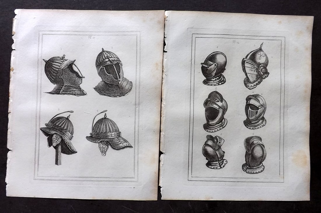 Grose, Francis 1801 Pair of Military Prints. Ancient Armour: Antique Copper Plate Published 1801, London for "Military Antiquities Respecting a History of the English Army from the Conquest to the Present Time" by Francis Grose. Paper Size: 10.5 x 8 inch (27 x