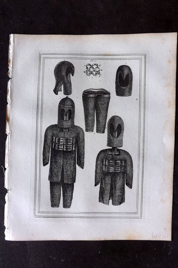 Grose, Francis 1801 Antique Military Print. Ancient Armour, Chainmail 21: Antique Copper Plate Published 1801, London for "Military Antiquities Respecting a History of the English Army from the Conquest to the Present Time" by Francis Grose. Paper Size: 10.5 x 8 inch (27 x