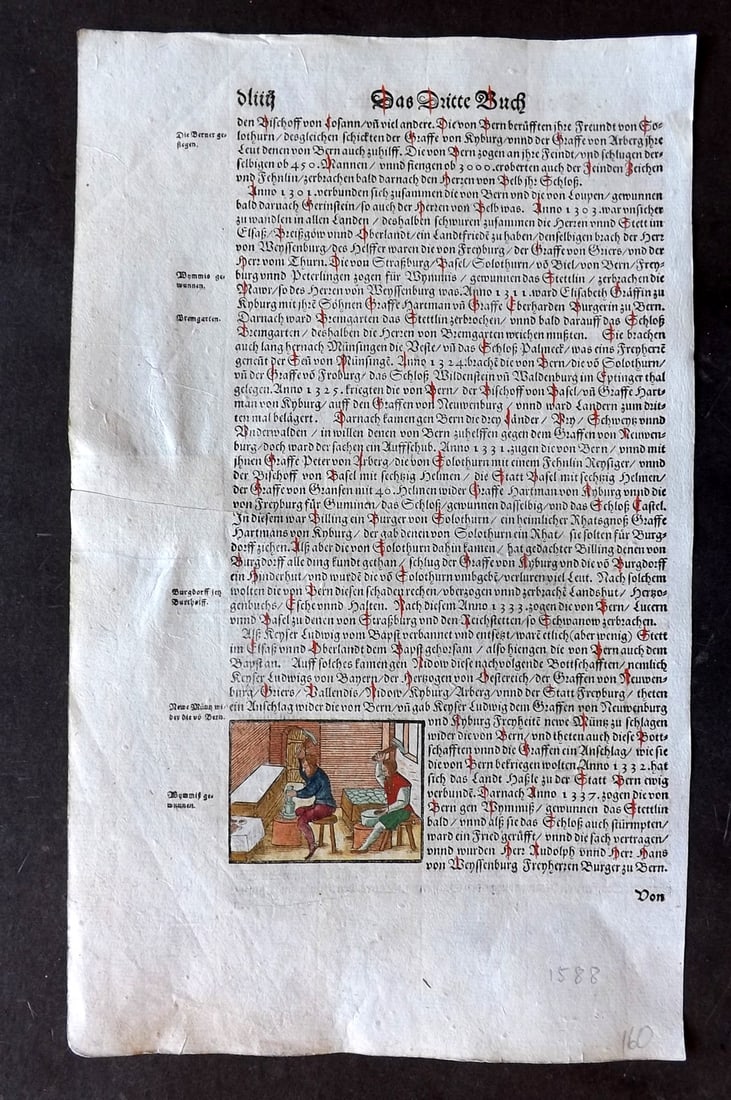 Munster, Sebastian 1588 Early Hand Col Woodcut. Smiths at work: Contemporary Hand Colored Woodcut Published 1588, Basel for the "Cosmographia" by Sebastian Munster. Printed both sides. Paper Size: 12 x 8 inch (30 x 20cm) Good Condition