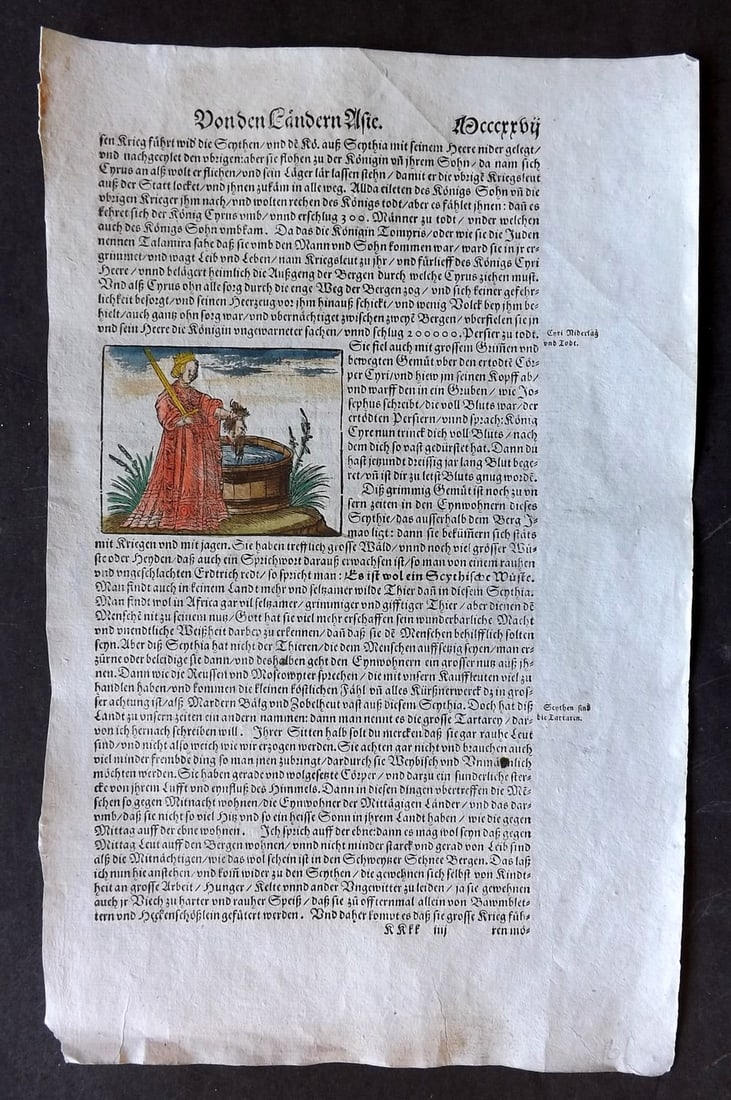 Munster, Sebastian 1588 Early Hand Col Woodcut. Lady with decapitated head (1 of 1)