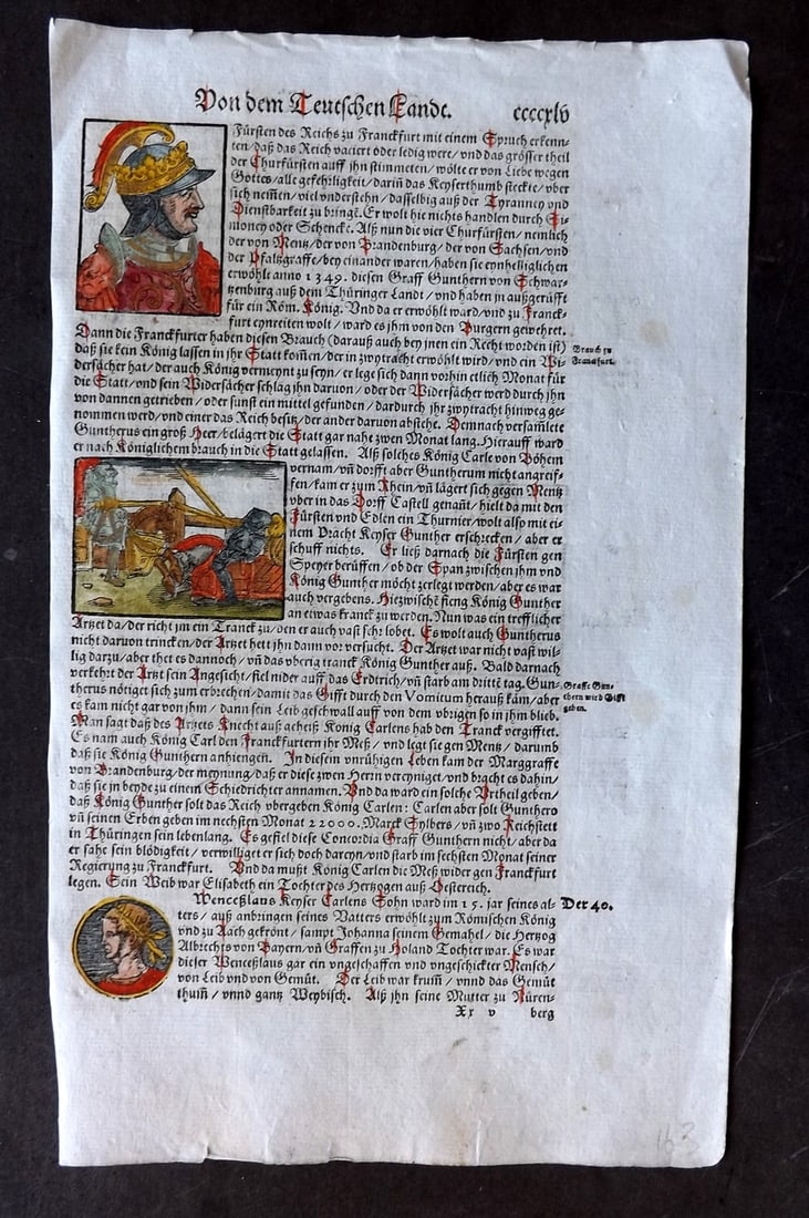 Munster, Sebastian 1588 Early Hand Col Woodcut. Knight's and Jousting Scene (1 of 1)