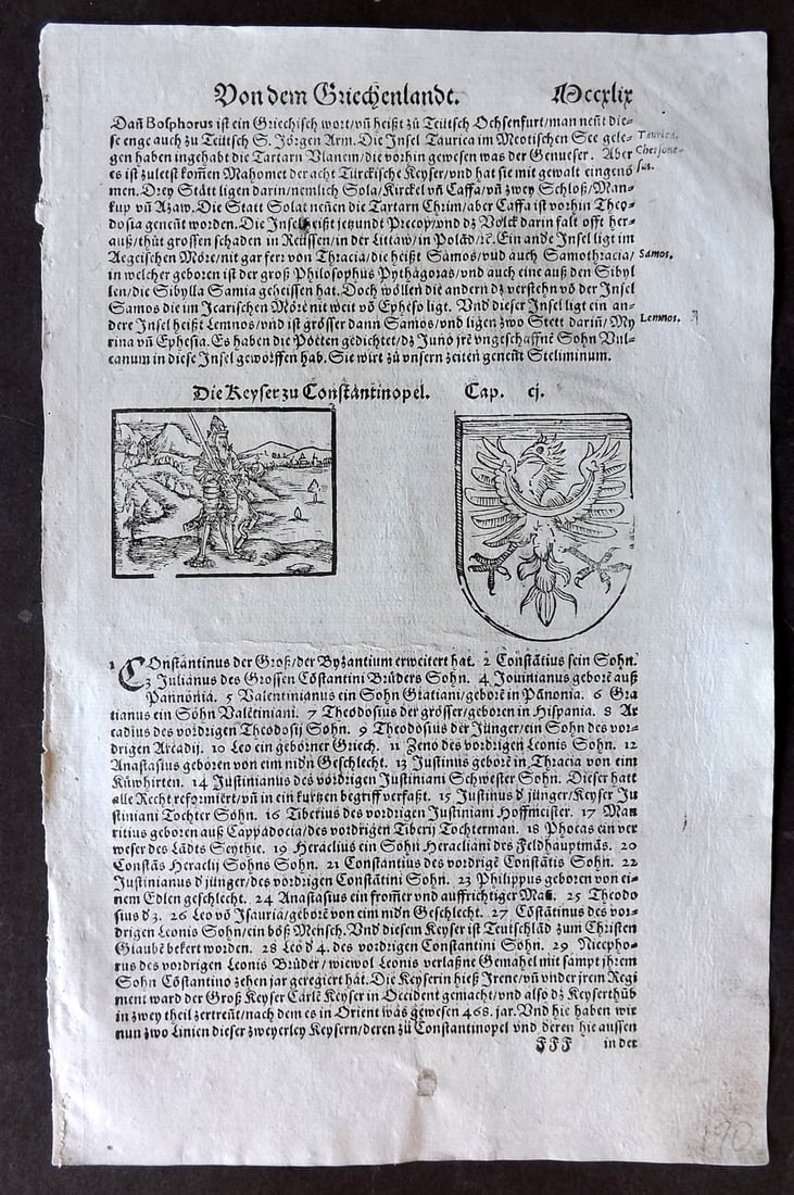 Munster, Sebastian 1578 Early Woodcut. Turkey - Coat of Arms, Turkish Man: Woodcut Published 1578, Basel for the "Cosmographia" by Sebastian Munster. Printed both sides. Paper Size: 12 x 8 inch (30 x 20cm) Good Condition