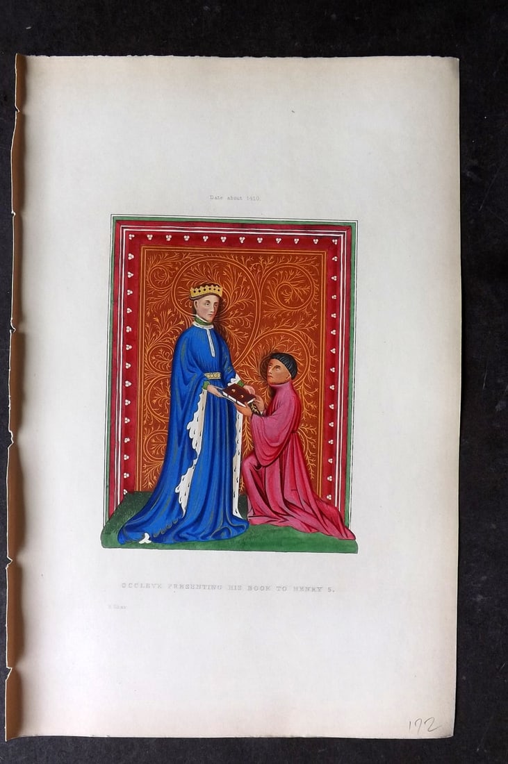 Shaw, Henry 1843 Fine Hand Col Print. Occleve Presenting his Book to Henry 5, 1410: Hand Colored Aquatint Published 1843 London for "Dresses and Decorations of the Middle Ages" by Henry Shaw. Paper Size: 11 x 7 inch (28 x 18cm) Good Condition
