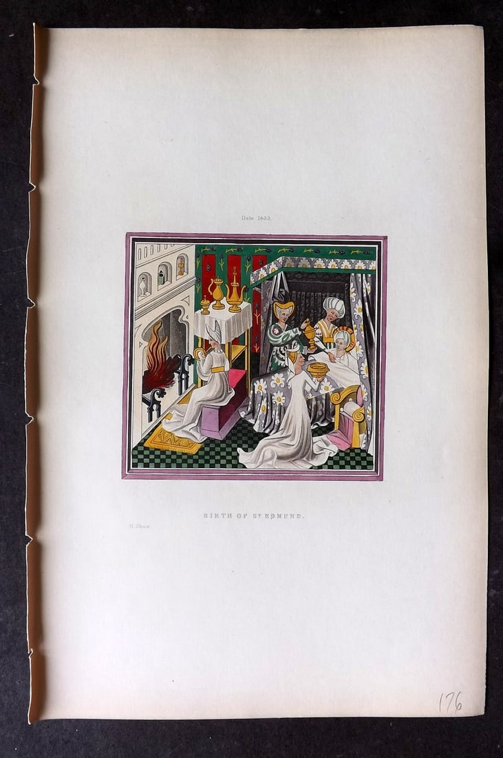 Shaw, Henry 1843 Hand Col Print. Birth of St. Edmund. 1433: Hand Colored Aquatint Published 1843 London for "Dresses and Decorations of the Middle Ages" by Henry Shaw. Paper Size: 11 x 7 inch (28 x 18cm) Good Condition