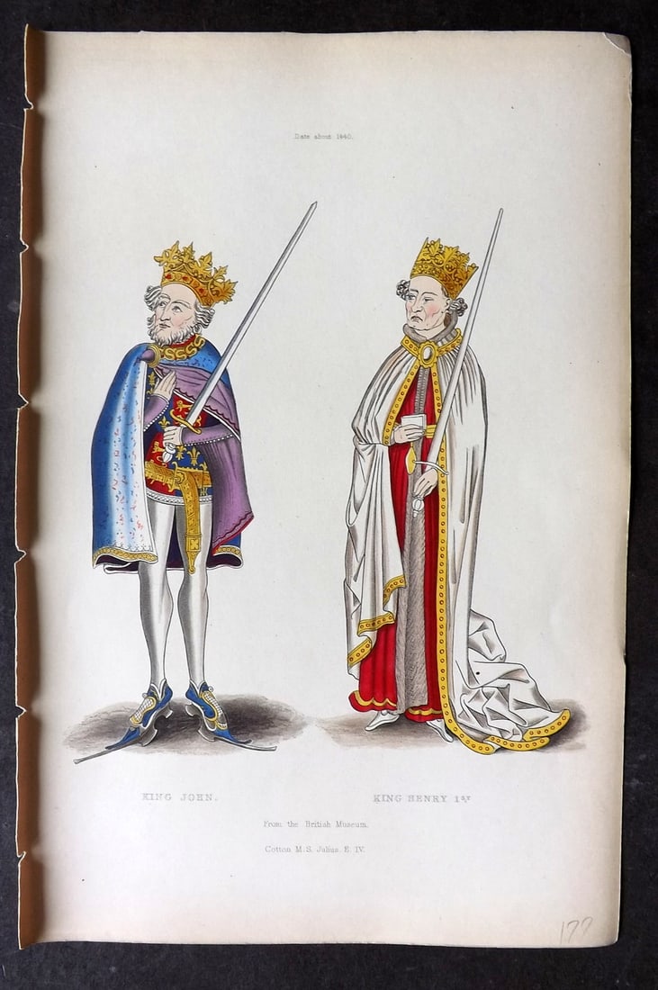 Shaw, Henry 1843 Hand Col Print. King John & King Henry 1st. 1440 (1 of 1)