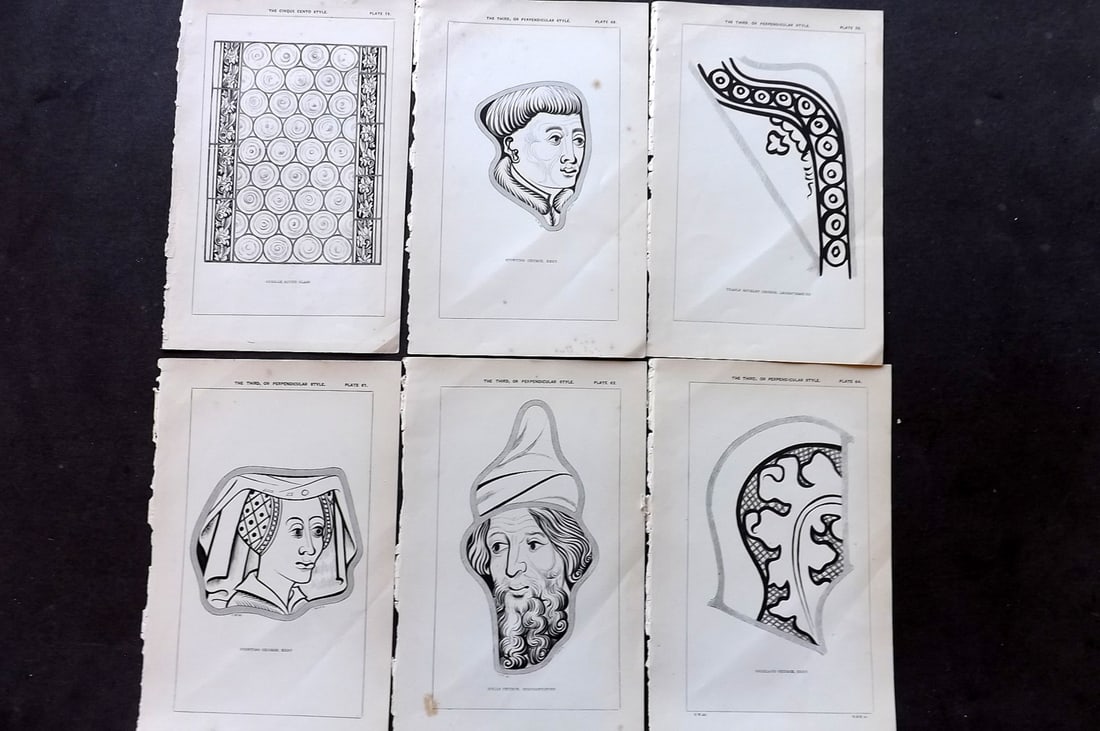Winston, Charles 1847 Lot of 6 Antique Stained Glass Prints: Woodblock Published 1847, London for "An Inquiry Into the Difference of Style Observable in Ancient Glass Paintings, Especially in England, with Hints on Glass Painting" by Charles Winston. Paper Size