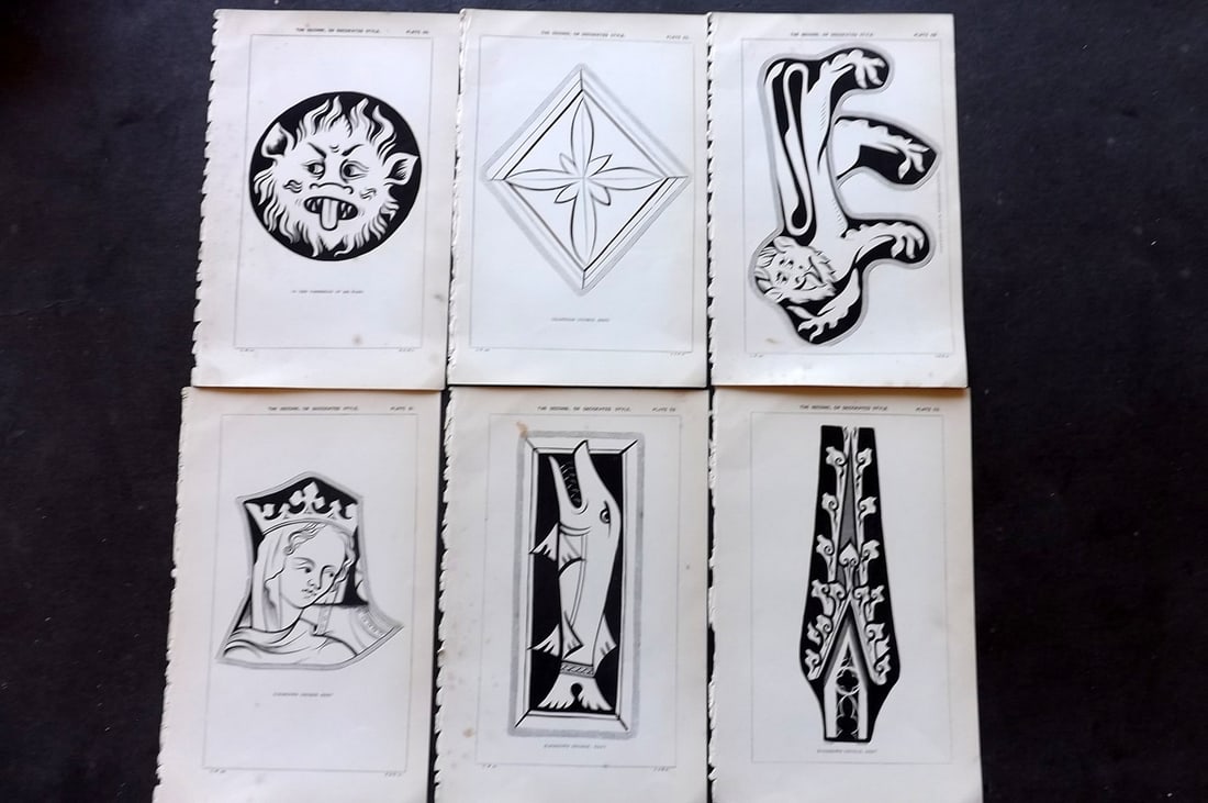 Winston, Charles 1847 Lot of 6 Antique Stained Glass Prints: Woodblock Published 1847, London for "An Inquiry Into the Difference of Style Observable in Ancient Glass Paintings, Especially in England, with Hints on Glass Painting" by Charles Winston. Paper Size