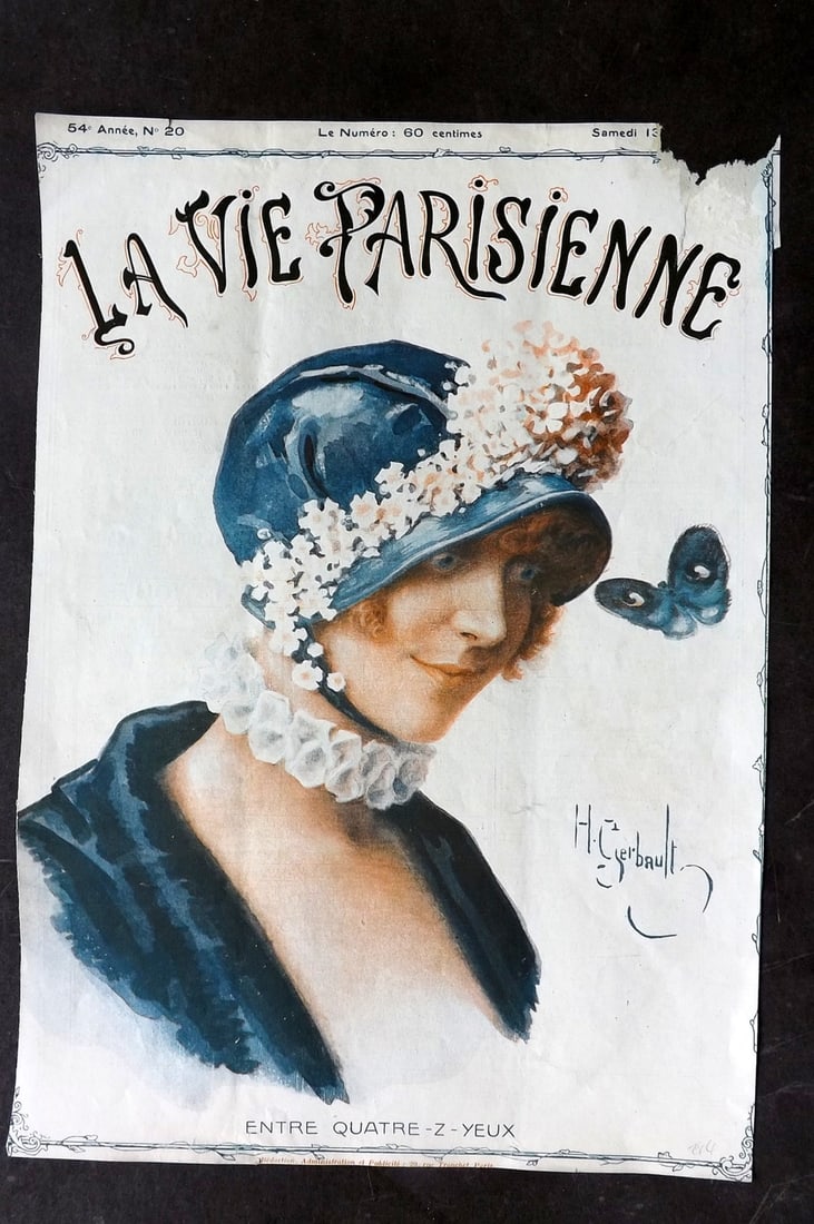 La Vie Parisienne 1916 Art Deco Print. Entre Quatre-Z-Yeux by Gerbault: Lithograph Published 1928, Paris for "La Vie Parisienne" Illustrated by Lissac, Barbier, Vallet, Valee, Prejelan, Herouard, Fournier, Kuhn-Regnier, Georges L?onnec and others. Verso text, but none sho