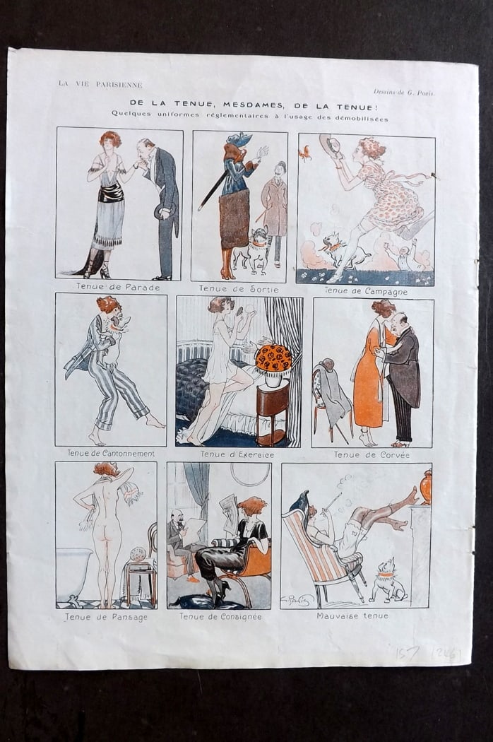 La Vie Parisienne 1919 Art Deco. De la Tenue, mesdames de la Tenue by Pavis: Lithograph Published 1863-1970, Paris for "La Vie Parisienne" Illustrated by Lissac, Barbier, Vallet, Valee, Prejelan, Herouard, Fournier, Kuhn-Regnier, Georges L?onnec and others. Verso text, but non