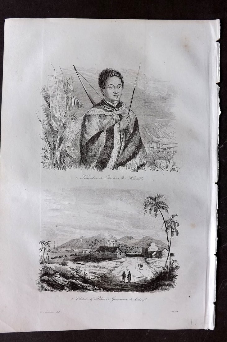 d'Urville, Jules Dumont 1834 Antique Print. Hawaii - Kau-ike-Culi King & Governor Palace (1 of 1)