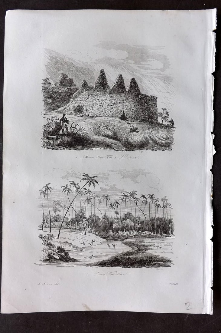 d'Urville, Jules Dumont 1834 Antique Print. Hawaii - Kai-Roua Fort & Wai-Akea: Etching Published 1834, Paris for "Voyage Pittoresque autour du Monde - Resume general des voyages de decouvertes..." By Jules Dumont d'Urville. Paper Size: 10.5 x 7 inch (27 x 18cm) Very minor margin