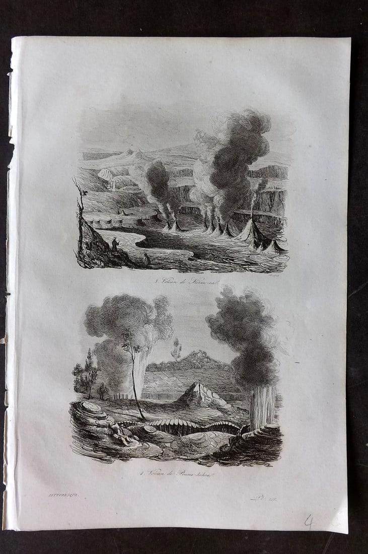 d'Urville, Jules Dumont 1834 Antique Print. Hawaii - Volcanoes: Etching Published 1834, Paris for "Voyage Pittoresque autour du Monde - Resume general des voyages de decouvertes..." By Jules Dumont d'Urville. Paper Size: 10.5 x 7 inch (27 x 18cm) Very minor margin