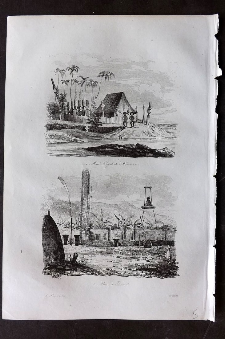 d'Urville, Jules Dumont 1834 Antique Print. Hawaii - Honaunau & Temples: Etching Published 1834, Paris for "Voyage Pittoresque autour du Monde - Resume general des voyages de decouvertes..." By Jules Dumont d'Urville. Paper Size: 10.5 x 7 inch (27 x 18cm) Good Condition