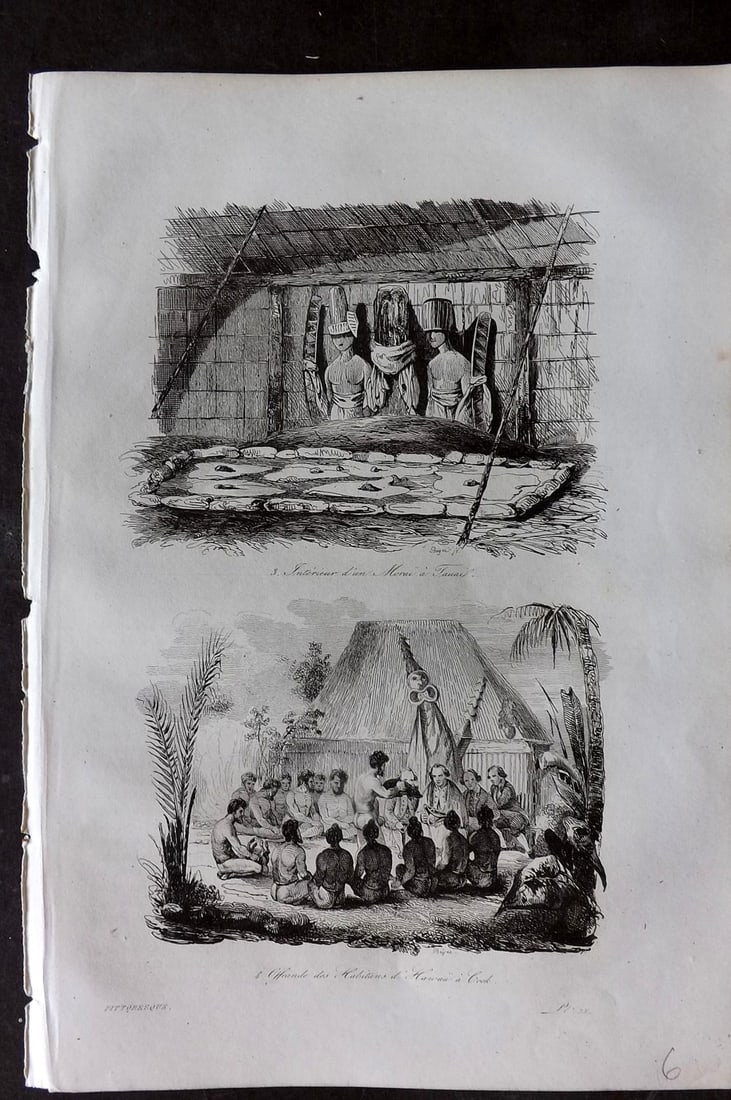 d'Urville, Jules Dumont 1834 Antique Print. Hawaii - Funeral Houses & Captain Cook Audience: Etching Published 1834, Paris for "Voyage Pittoresque autour du Monde - Resume general des voyages de decouvertes..." By Jules Dumont d'Urville. Paper Size: 10.5 x 7 inch (27 x 18cm) Good Condition