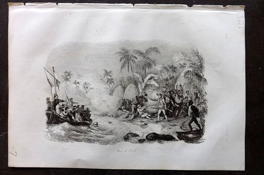 d'Urville, Jules Dumont 1834 Antique Print. Hawaii - Death of Captain Cook: Etching Published 1834, Paris for "Voyage Pittoresque autour du Monde - Resume general des voyages de decouvertes..." By Jules Dumont d'Urville. Paper Size: 10.5 x 7 inch (27 x 18cm) Good Condition