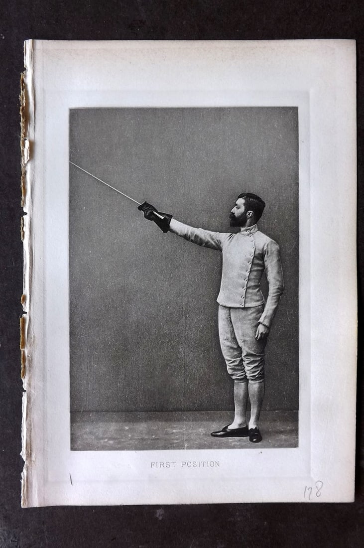 Badminton Library 1889 Antique Sword Fencing Print. First Position.: Photogravure Published 1889, London for "The Badminton Library of Sports and Pastimes..." by Walter H. Pollock, E. B. Michell, and Walter Armstrong.Paper Size: 7.5 x 5 inch (19 x 13cm) Good Condition