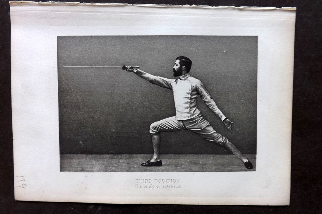 Badminton Library 1889 Antique Sword Fencing Print. Third Position. The Lunge or Extension. (1 of 1)