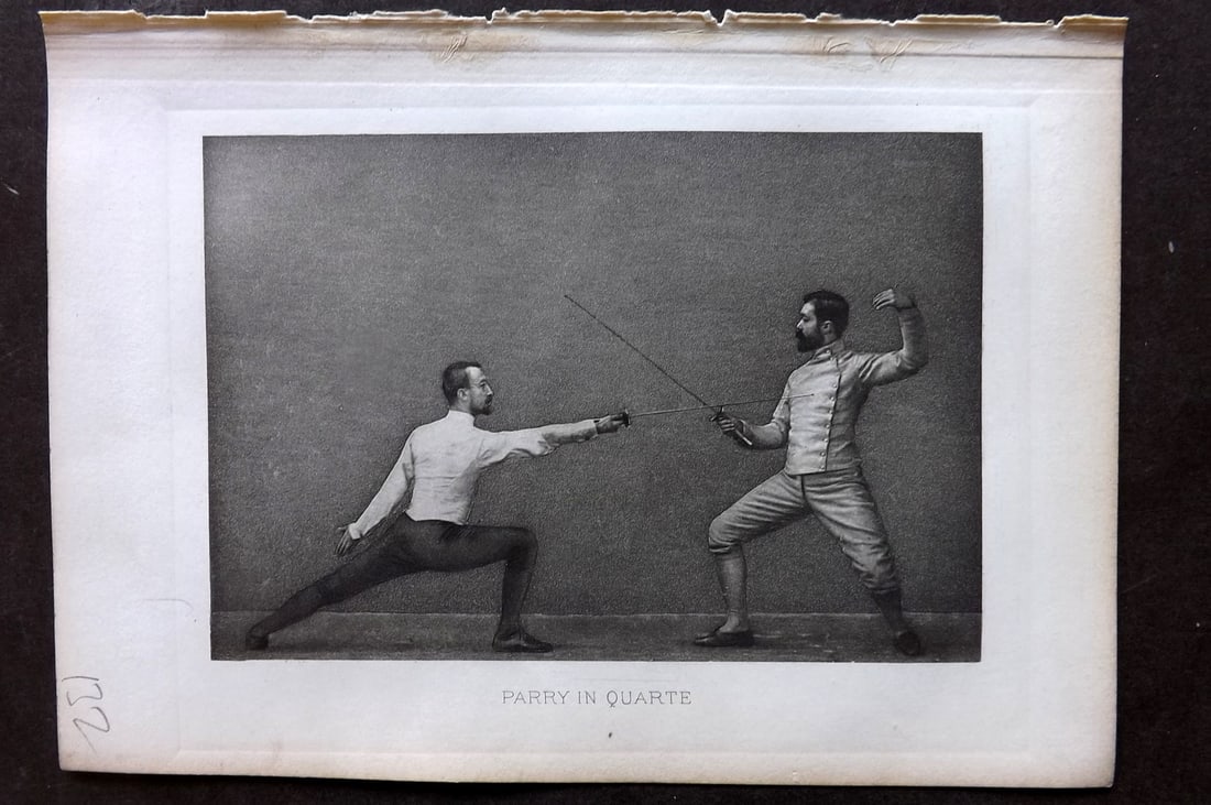Badminton Library 1889 Antique Sword Fencing Print. Parry in Quarte.: Photogravure Published 1889, London for "The Badminton Library of Sports and Pastimes..." by Walter H. Pollock, E. B. Michell, and Walter Armstrong.Paper Size: 7.5 x 5 inch (19 x 13cm) Good Condition