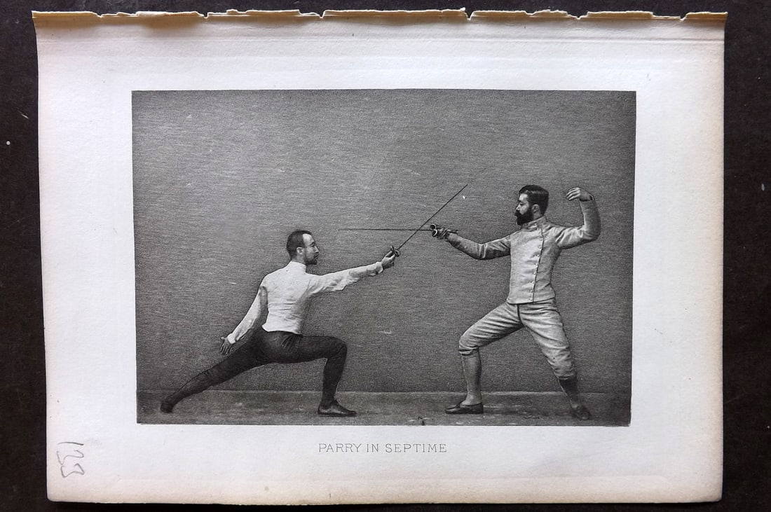 Badminton Library 1889 Antique Sword Fencing Print. Parry in Septime.: Photogravure Published 1889, London for "The Badminton Library of Sports and Pastimes..." by Walter H. Pollock, E. B. Michell, and Walter Armstrong.Paper Size: 7.5 x 5 inch (19 x 13cm) Good Condition