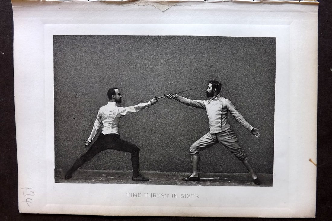 Badminton Library 1889 Antique Sword Fencing Print. Time Thrust in Sixte. (1 of 1)
