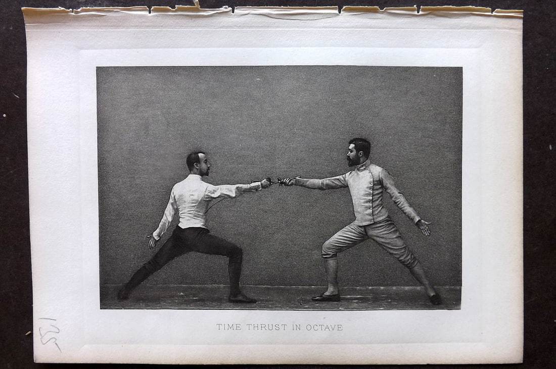 Badminton Library 1889 Antique Sword Fencing Print. Time Thrust in Octave. (1 of 1)
